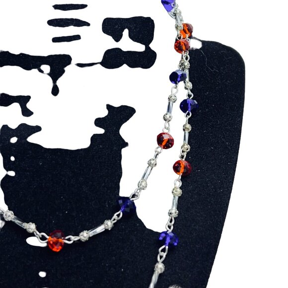 Single Strand Silver Tone With Orange And Blue Beaded Necklace (5481) - Picture 5 of 10